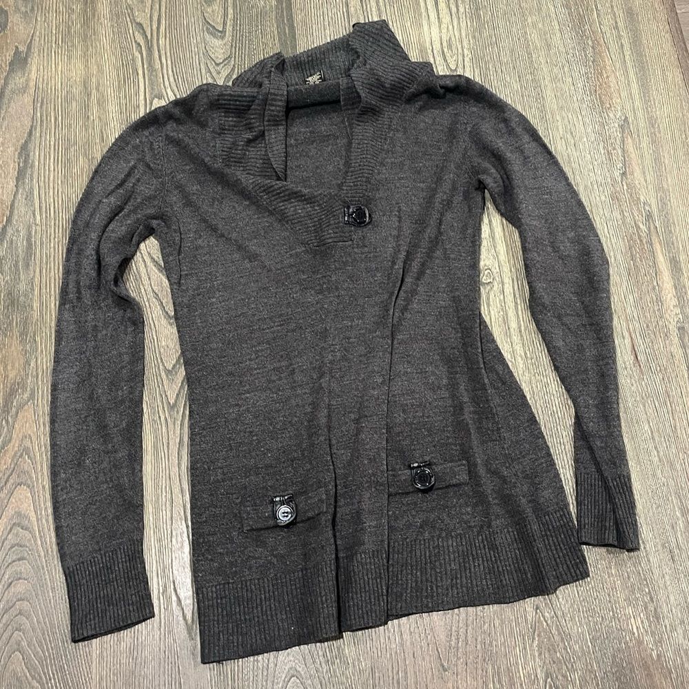 Susan Lawrence Sweater Collared Buttoned Pockets Front Pullover Gray Size M